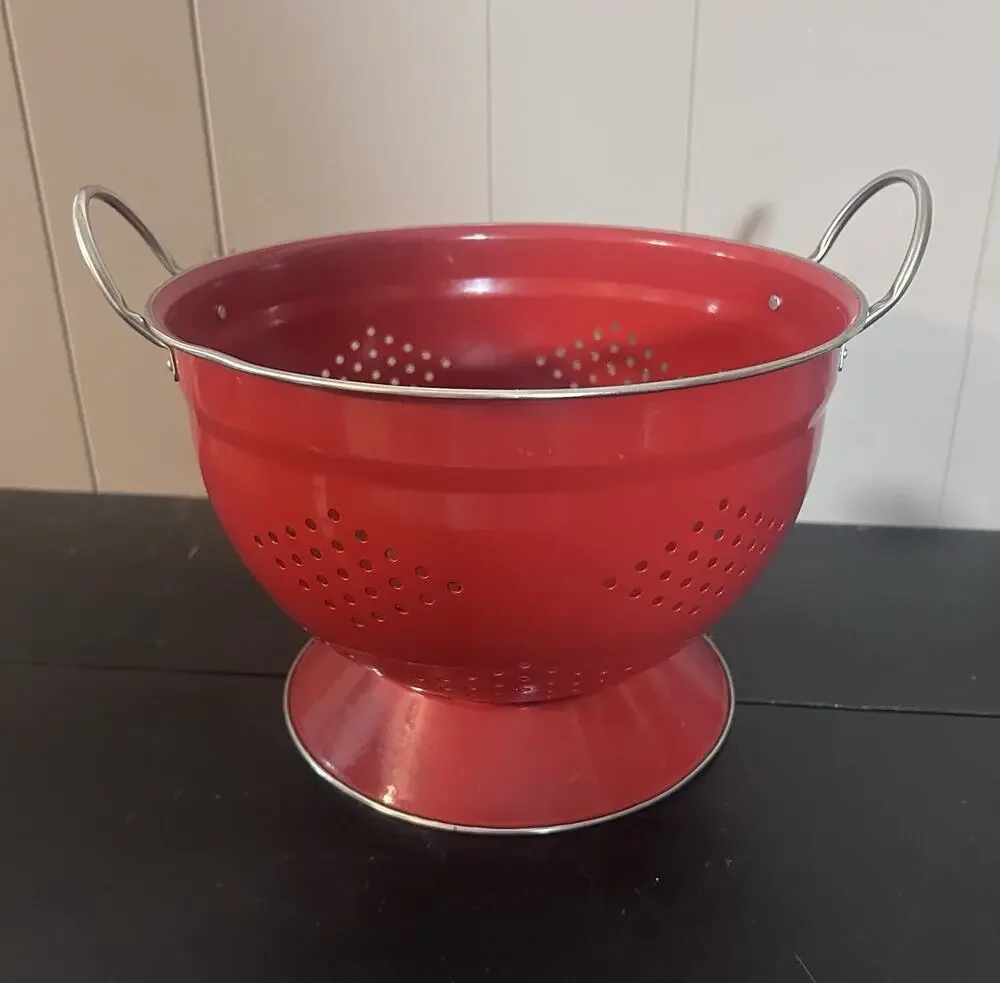 Vintage Red Enamel Colander Strainer Footed Pedestal Retro